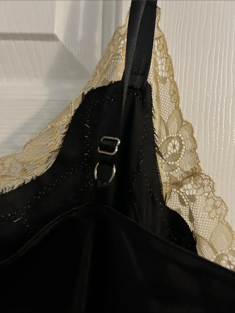 Jones New York Black Satin Chemise with Champagne Lace Trim